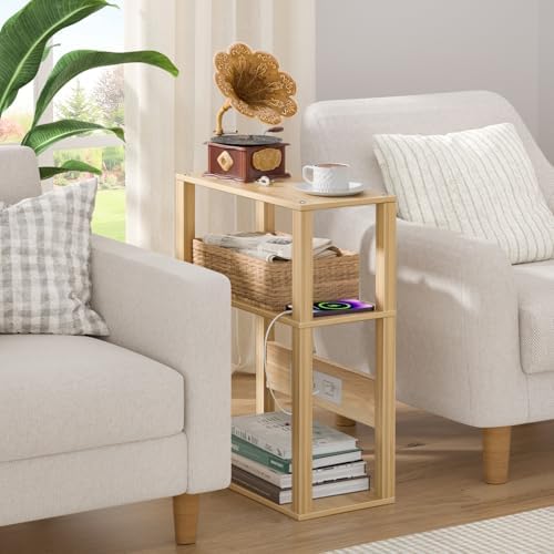 YUFAM 3-Tier Narrow Bedside Table with Charging Station, Skinny Nightstand