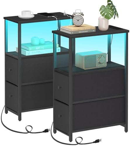 TUTOTAK Narrow LED End Table with Charging Station, Skinny Side Table