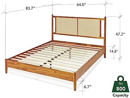 Bme Oliver 15-Inch Queen Bedframe with Rattan Headboard, Bohemian, Caramel