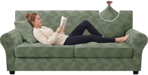 ZNSAYOTX 3 Piece Stretch Couch Covers (72"-90") New-Rectangle Texture, Thick Sofa Covers for 2 Cushion Couch Universal Sofa Slip Cover with Elastic Bottom & Buckle, Washable Protector Army Green