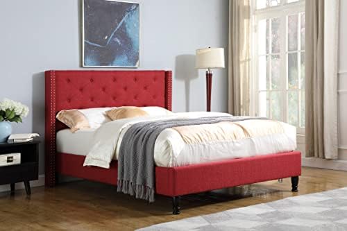 Full Upholstered Platform Bed Frame with 51" Tall Headboard - Button Tufted Cloth Bed - Wood Slat Support with Storage Space - No Box Spring Needed - Easy Assembly - Burgundy - Oliver & Smith - Astor