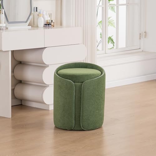 Storage Vanity Stool with Gold Base Comfy Vanity Chair Modern Round Stool for Makeup Vanity Ottoman Foot Rest for Bedroom livingroom, Green