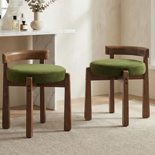 HNY Vintage Green Velvet Makeup Ottoman Set of 2 Compact Round Vanity Chairs with Wooden Legs, Perfect for Small Spaces Like Entryway, Cloakroom & Boudoir