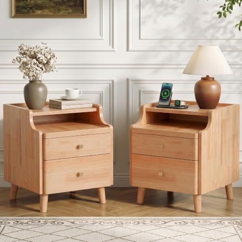 Nightstand Set of 2, Pre-Assembled, 19.7“H Solid Wood Night Stand with 2 Drawers, Open Sliding Shelf, Mid Century Modern Small Bedside Table for Bedroom, Natural Oak 16"