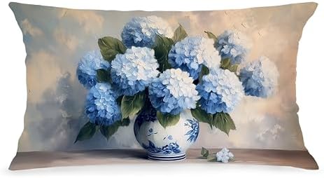 Blue Chinoiserie Hydrangea Floral Lumbar Pillow Cover 12x20 Double-Sided, Grandmillennial Decor, Vintage Farmhouse Spring Flower Decorative Throw Pillow Cover for Living Room Home Bedroom