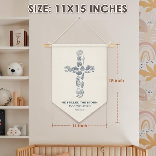 Wheatwin Christian Ocean Nursery Decor, Coastal Seashell Cross Bible Verse Wall Hanging Pennant Flag Banner, Ocean Wall Decor for Kids Nursery Toddler Room Bedroom Playroom 15x11 Inch