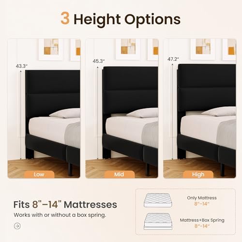 GRUSIGN Full Size Platform Bed Frame with Velvet Headboard, Adjustable Height Wooden Slats Support, Upholstered Mattress Foundation, Fits Mattress or Mattress with Box Spring, Easy Assembly, Black