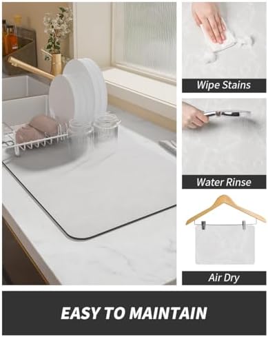 AMOAMI-Coffee Mat Hide Stain Rubber Backed Absorbent Dish Drying Mat for Kitchen Counter-Coffee Bar Accessories Fit Under Coffee Maker, Espresso Machine, Pot, Dish Rack,Light Grey 16X24