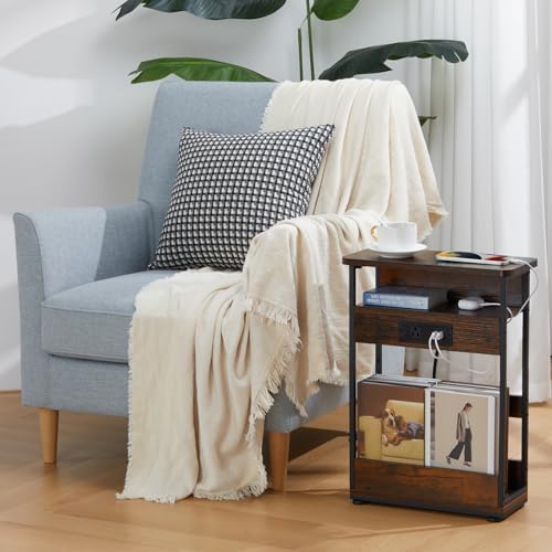 YEAKOO Narrow Side Table with Charging StationSmall Spaces Narrow End Table