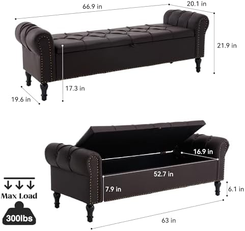 Faux Leather Storage Bench 67 Inch Upholstered Tufted Ottoman Bench with Arms Large Storage Space King Size End of Bed Bench for Bedroom Living Room Entryway Whiskey Coffee