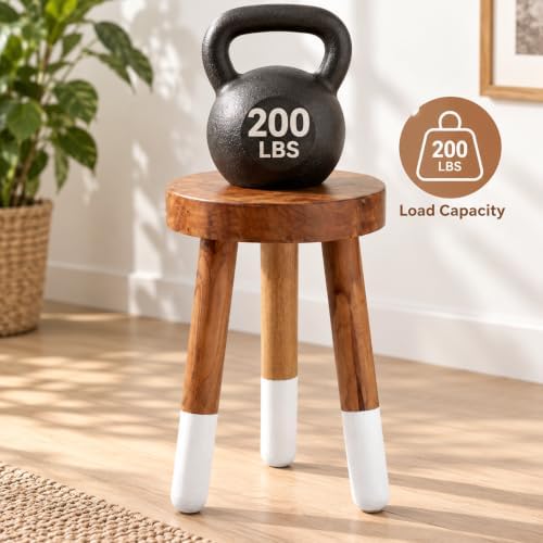 Teak Wood 9" Round Plant Stand |Dip Dyed Plant Stand |Accent Stool |Milking Stool |Bath Stool |Small Side Table (16" Tall White)