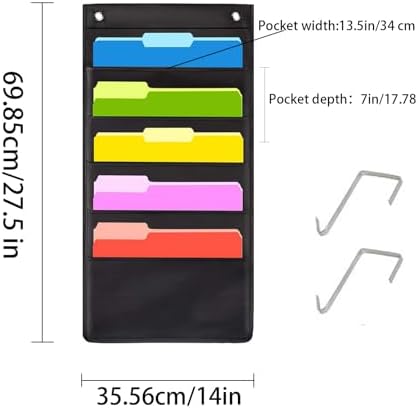 Hanging Wall File Organizer 5 Pocket with 2 Hooks (BLACK)