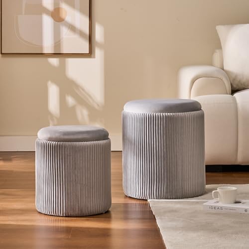 BLEXA Set of 2 Round Storage Ottoman Light Grey Velvet Ottoman with Storage