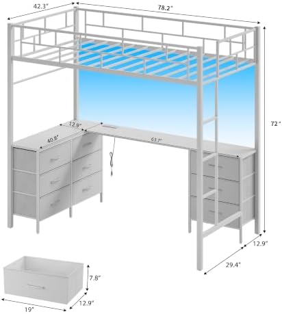 Twin Size Loft Bed with L-Shaped Desk and Storage, White