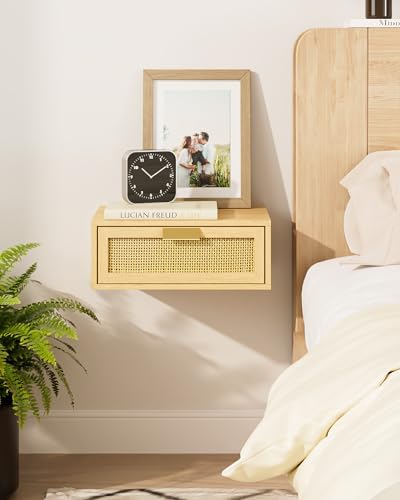Aienvey Floating Nightstand, Floating Shelf with Drawer, Oak Rattan