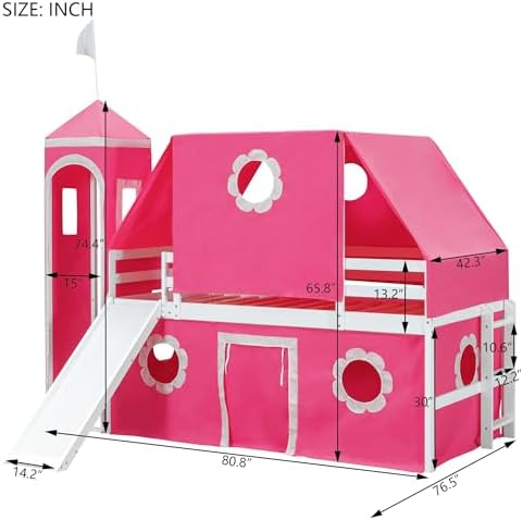 Castle Loft Bed with Slide & Tent and Tower, Playhouse Design Spacious Under Bed Space with Curtains, Wood Tent Bed Frame for Kids Boys Girls (Pink, Twin)