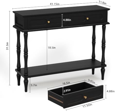 ARTPOWER 41" Mid-Century Console Table, 2 Drawers and Open Shelf, Black