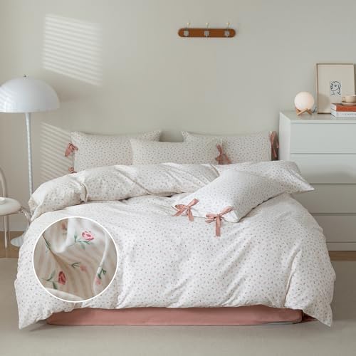 mixinni White Flower Pattern Duvet Cover Queen Cottage Pink Floral Stripes Duvet Cover Set 100% Cotton Bedding Set with Zipper Ties Bowknot Pillowcases, Easy Care, Soft and Breathable-Queen Size