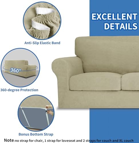 MAXIJIN 3 Piece Couch Covers for 2 Cushion Couch Sofa Cover, Stretch Loveseat Sofa Slipcovers for Sofas with 2 Large Cushions, Thick Dogs Pet Furniture Covers (71"-91", Khaki)