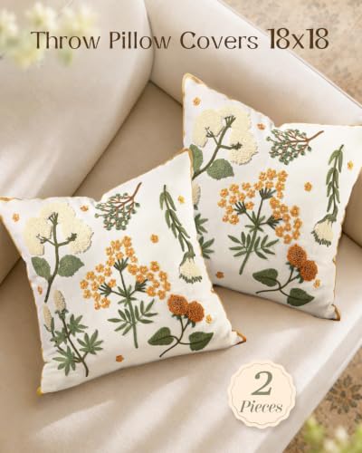 Embroidered Throw Pillow Covers 18x18, Set of 2, Meadow Flower