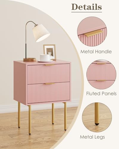 Aienvey Nightstand with 2 Drawers, Pink Stripe Night Stand and Gold Frame
