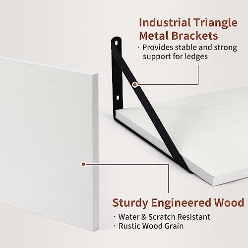 Axeman Deep Floating Shelves - 16 Inch Wide x 12 Inch Deep White Wall Shelves Set of 2-12 Inch Deep White Wood Shelves for Wall Storage & Decor