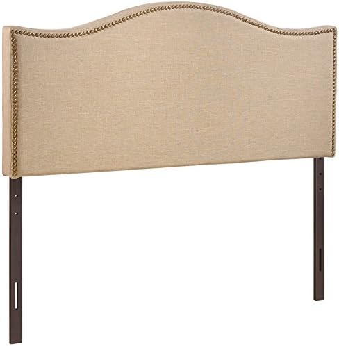 Modway Curl Linen Fabric Upholstered Queen Headboard with Nailhead Trim and Curved Shape in Café