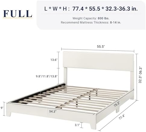 Allewie Queen Size Upholstered Bed Frame Adjustable Headboard, White