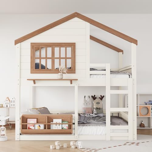 Full Over Full Size House Bunk Bed with Storage Bookshelf, Beige