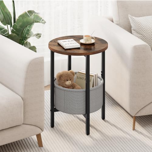 Vagusicc Small Round Side Table, Accent End Table with Fabric Basket, Drink Table Coffee Table for Small Spaces, Sofa Corner Table,Bedside Table,Modern Nightstand for Living Room,Bedroom, Rustic Brown