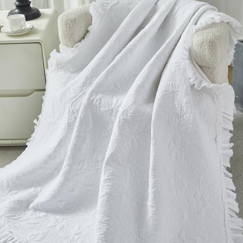 Brandream White Ruffled Quilted Throw Blanket Cotton 47 X 60 Chic Throw
