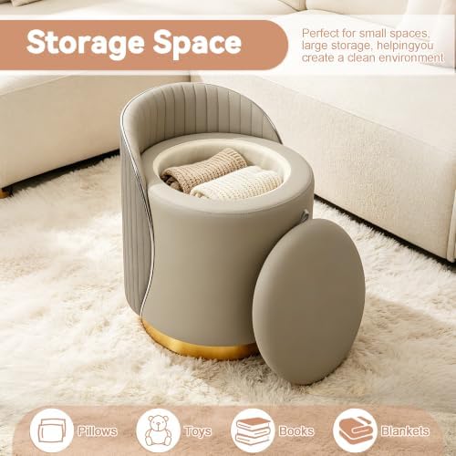 Vanity Chair with Storage, Leather Vanity Stool, 360° Swivel Makeup Chair with Back, No Assembly Upholstered Accent Chairs Stool for Bedroom, Dressing Room, Living Room, Grey