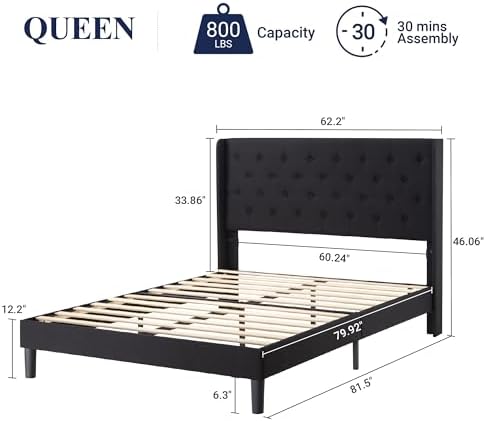 Allewie Queen Size Bed Frame with Button Tufted Wingback Headboard, Black