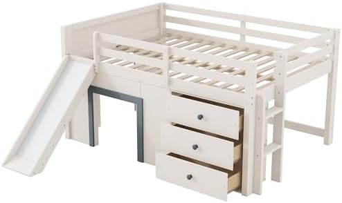 Bellemave Full Low loft Bed for Kids,Wood Modern Farmhouse Full Loft Bed with Slide and Drawer Storage, Beige+Grey