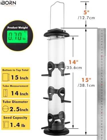 iBorn Bird Feeders for Outdoors 14" 6 Ports Chew-Resistant, Black, 1PK