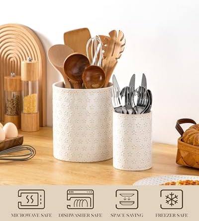 MALACASA LYDIA Ceramic Utensil Holder, 7.3"+5.5" Kitchen Utensil Crock Set for Countertop, Large & Small Utensil Organizers for Cooking Tools, Five-Leaf Grass Pattern