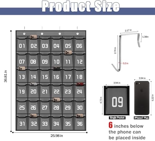 Loghot 36 Numbered Pockets Classroom Pocket Chart for Cell Phone Holder