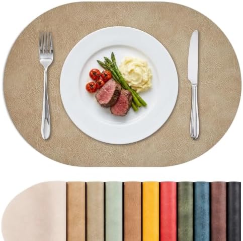 MOSAYT Vinyl Faux Leather Oval Placemats, Set of 6, Apricot