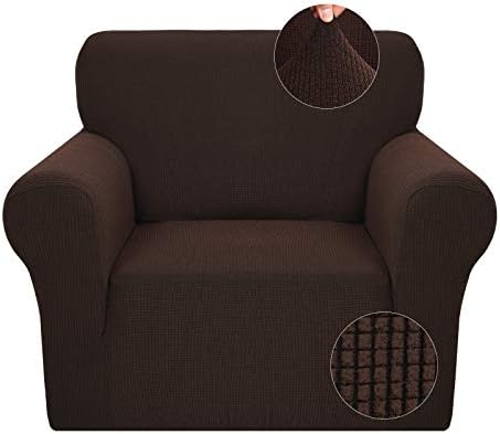 JIVINER Super Stretch Chair Slipcovers with Arms 1-Piece Jacquard Small Checks Living Room Armchair Covers Soft Anti Slip Sofa Couch Furniture Protector for Kids Pets (Chair, Coffee)