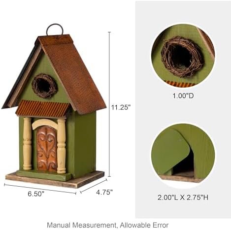 Glitzhome Hanging Birdhouse for Outdoors, Bird Houses for Outside, 11.25" H Vintage Distressed Decorative Wooden Bird House Garden Birdhouse for Bluebird Hummingbird Wren Finch Cardinals Cedar