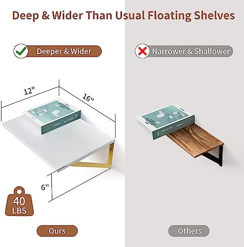 Axeman Deep Floating Shelves for Wall, 12 Inch Deep White and Gold Shelves Set of 2, 16W x 12D White Wood Wall Shelves with Golden Brackets for Bedroom Bathroom Living Room Kitchen - White & Gold