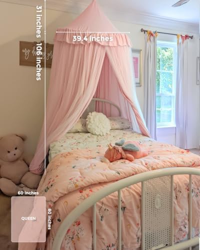 little dove Bed Canopy for Girls with Star Lights, 39.4''x106'', Peach Pink