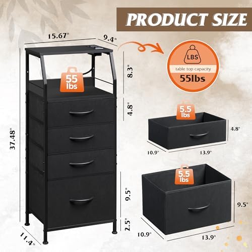 WLIVE Night Stand with Charger Station, LED Nightstand with 4 Fabric Drawers and Storage Shelf, Tall Dresser for Bedroom, 37.48" H Bedside Table with 3 USB Ports and Outlets, Black