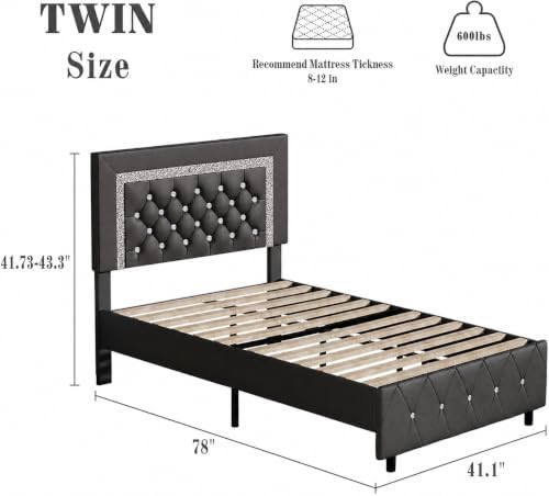 BarnFurin Twin Bed Frame with Diamond Tufted Headboard, Grey
