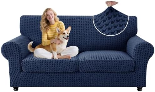 MAXIJIN 3 Pieces Stretch Couch Covers for 2 Cushion Couch Washable Sofa Cover with 2 Extra Large Seat Soft Loveseat Sofa Slipcovers with Non Slip Strap (Navy Blue), 71"-91"(2 XL Cushions)