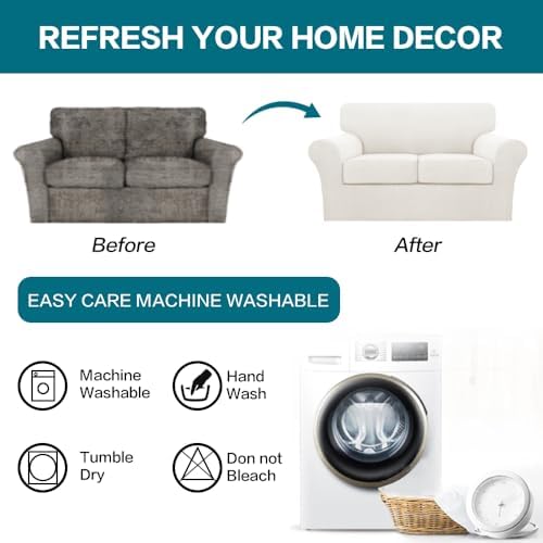 Turquoize 3 Piece Sofa Covers for 2 Cushion Couch Sofa Slipcover Soft Couch Cover for Dogs-Washable Sofa Furniture Cover with 2 Individual Cushion Covers, Jacquard Fabric (Loveseat, Porcelain White)