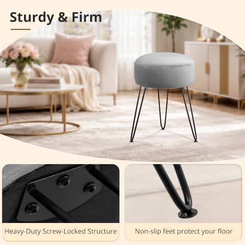 LUE BONA Vanity Stool, Gray Vanity Stools for Makeup Room, Round Ottoman Foot Stool, Velvet Footrest Vanity Chair for Bathroom Vanity, Bedroom, Living Room, Entryway, Offices, 300lbs