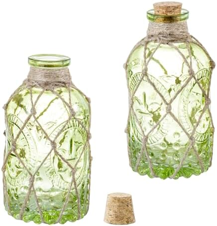 MyGift Set of 2 Vintage Embossed Green Glass Reed Diffuser Bottles with Cork Lids – Decorative Small Flower Bud Vases for Home Fragrance & Tabletop Decor
