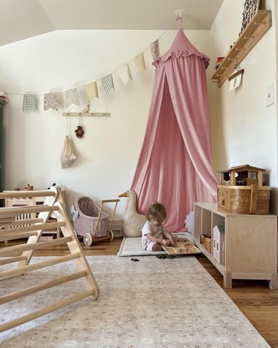 Kids Bed Canopy with Frills Cotton Cover Net for Crib Reading Nook Curtain Hideaway Hanging Round Tent Nursery Bedding Play Room Decor