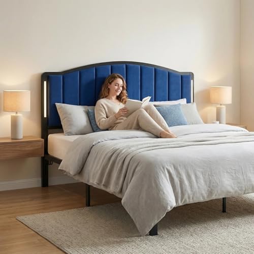 Upholstered Tufting Headboard for King Size Bed with Lights, Blue